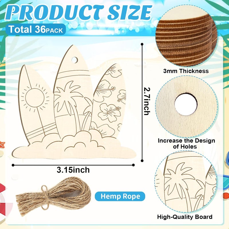 Sophena 36PCS Wooden Summer Ornaments to Paint, 12 Styles DIY Blank Unfinished Wood Beach Cutouts Ornament for Crafts Hanging Decorations, Watermelon Surfboard Slippers Coconut Tree Home Decorations Gifts - Image 2